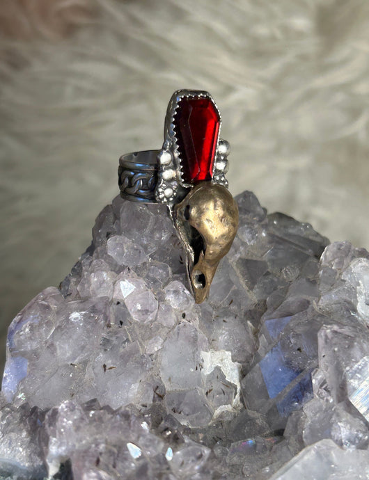 Garnet Ring with Raven Skull