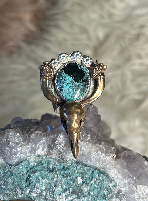 Turquoise Ring with Raven Skull